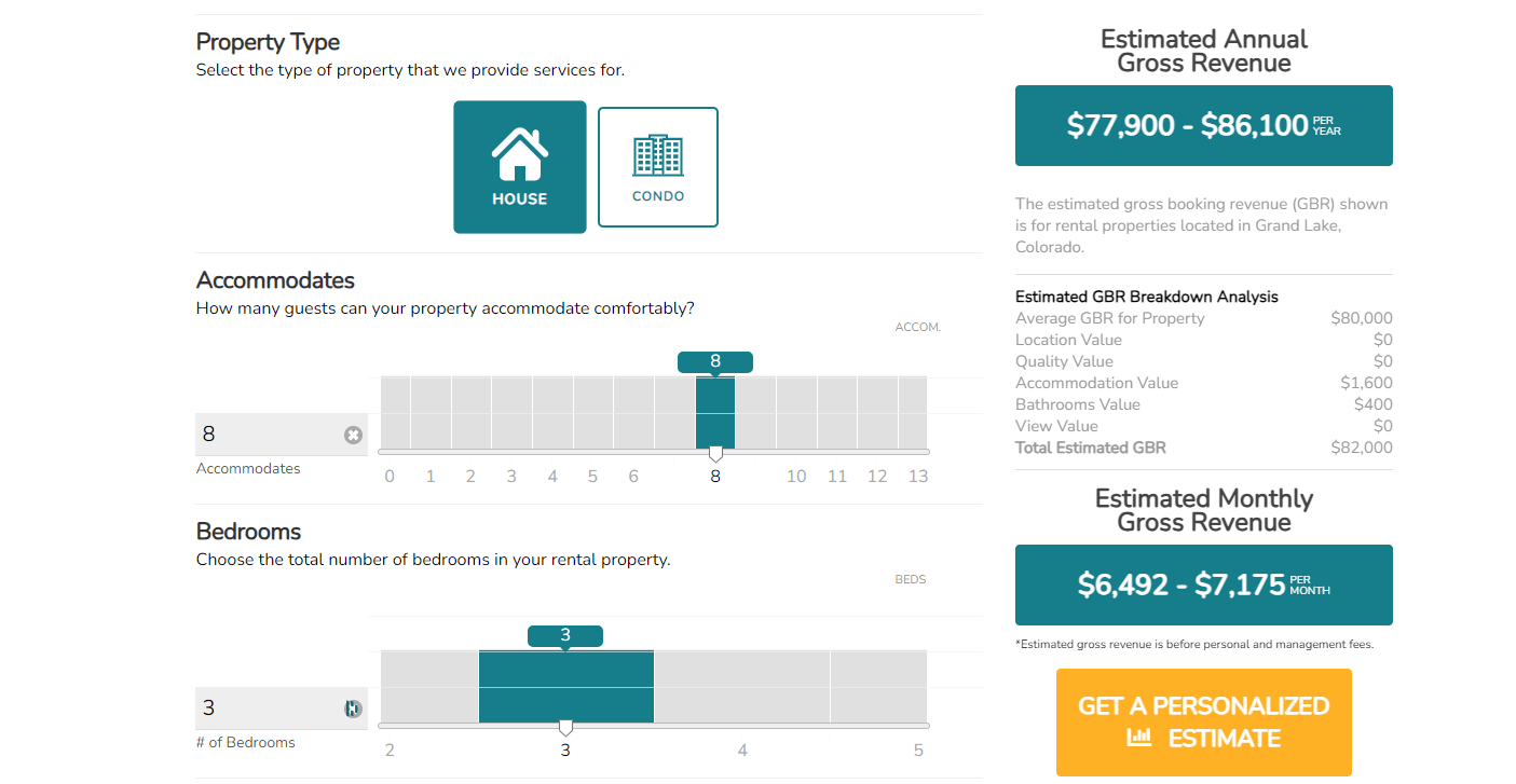 ROI Calculator that estimates gross booking revenue from our management services